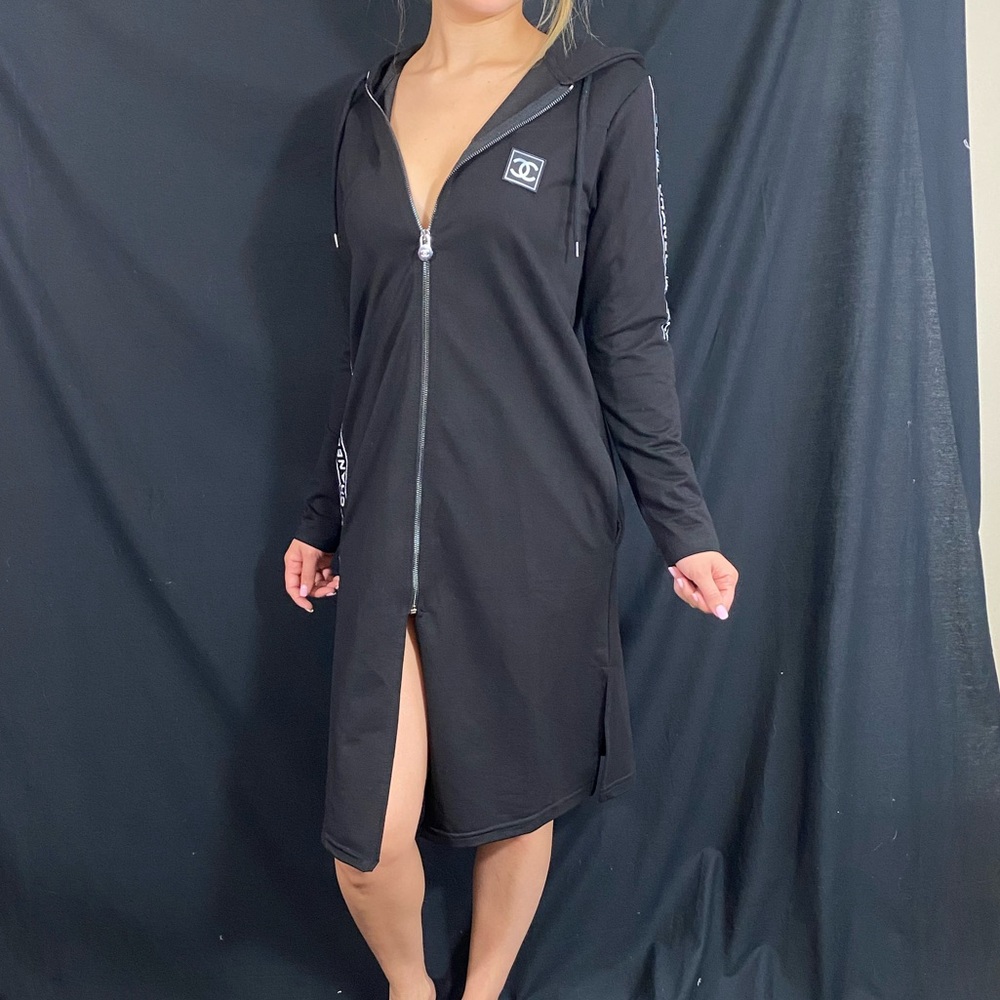 CHANEL Black Hooded Long-Sleeve Zip Dress